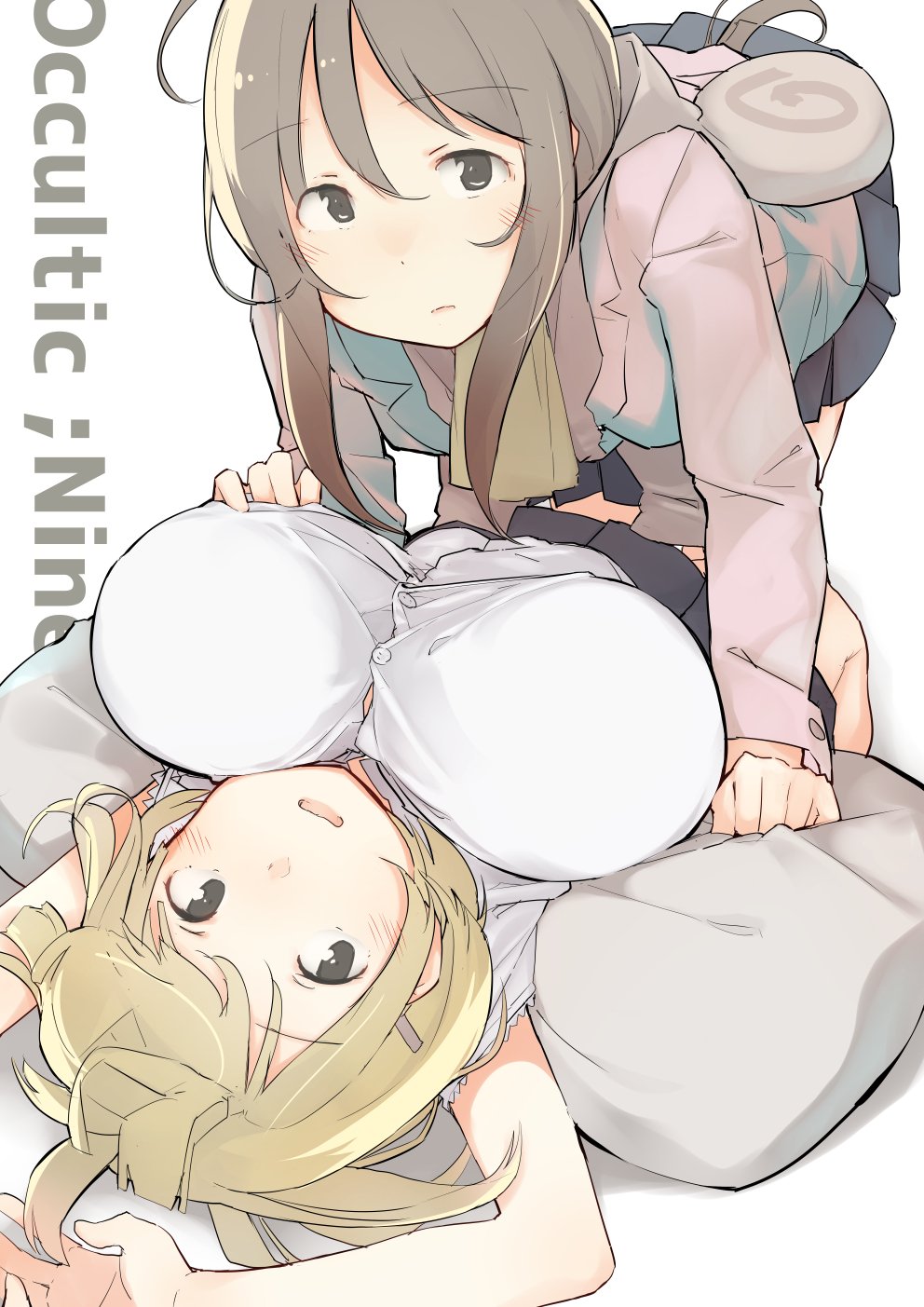 10s, 2girls, aikawa_miyuu, arms_up, black_eyes, black_skirt, blonde_hair, blush, breasts, buttons, copyright_name, eyebrows, fuu_fuu, hair_between_eyes, hair_ornament, hairclip, hand_on_another's_chest, highres, large_breasts, leaning_on_person, long_sleeves, looking_at_viewer, lying, multiple_girls, narusawa_ryouka, occultic;nine, on_back, open_mouth, pillow, pleated_skirt, science_adventure, shirt, short_sleeves, sidelocks, simple_background, skirt, white_background, white_shirt