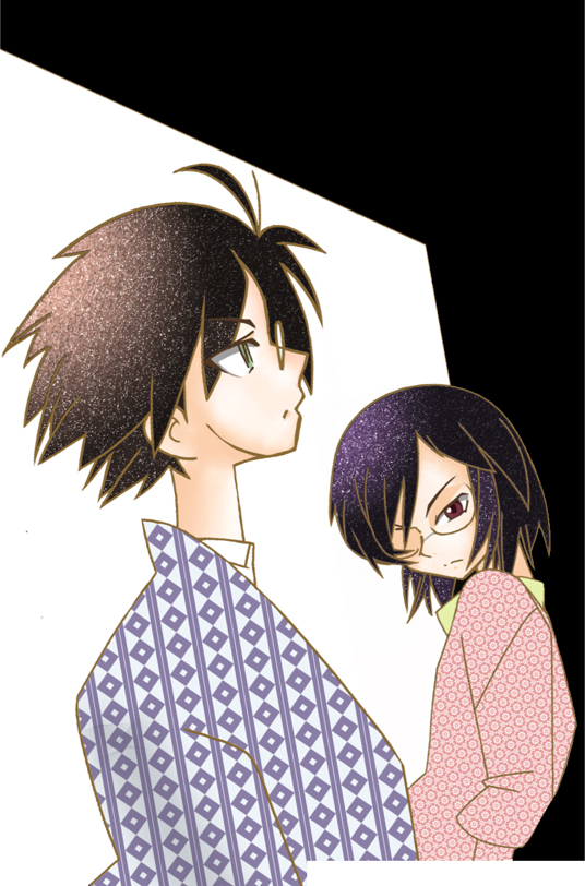 00s, 2boys, bad_id, bad_pixiv_id, black_hair, crossover, glasses, green_eyes