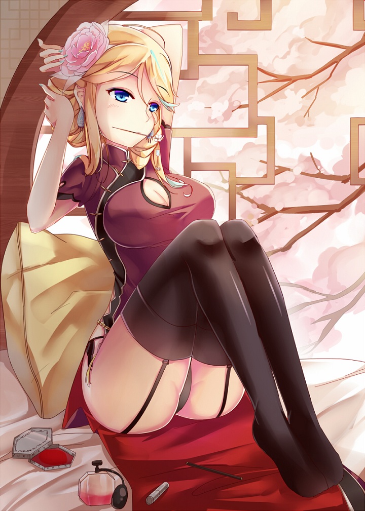 1girl, adjusting_hair, ass, black_panties, black_thighhighs, blonde_hair, blush, bottle