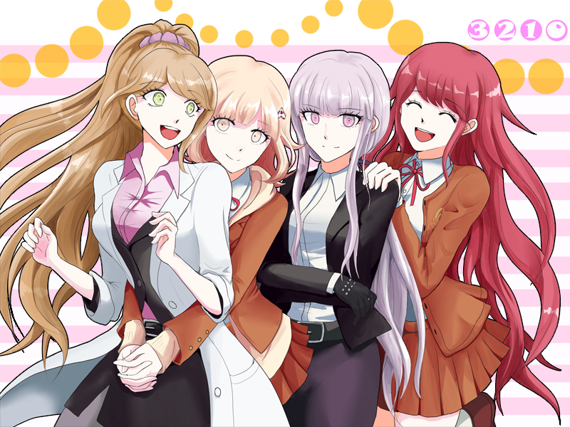 10s, 4girls, brown_hair, danganronpa, danganronpa/zero, danganronpa_(series), danganronpa_3_(anime), closed_eyes, flipped_hair, girl_sandwich, gloves, green_eyes, hair_ornament, hair_ribbon, high_ponytail, hood, hoodie, hug, hug_from_behind, kirigiri_kyoko, lab_coat, long_hair, multiple_girls, nanami_chiaki, nyangorobei, official_alternate_hairstyle, otonashi_ryouko, ponytail, purple_eyes, purple_hair, red_hair, ribbon, sandwiched, school_uniform, scrunchie, short_hair, smile, yukizome_chisa