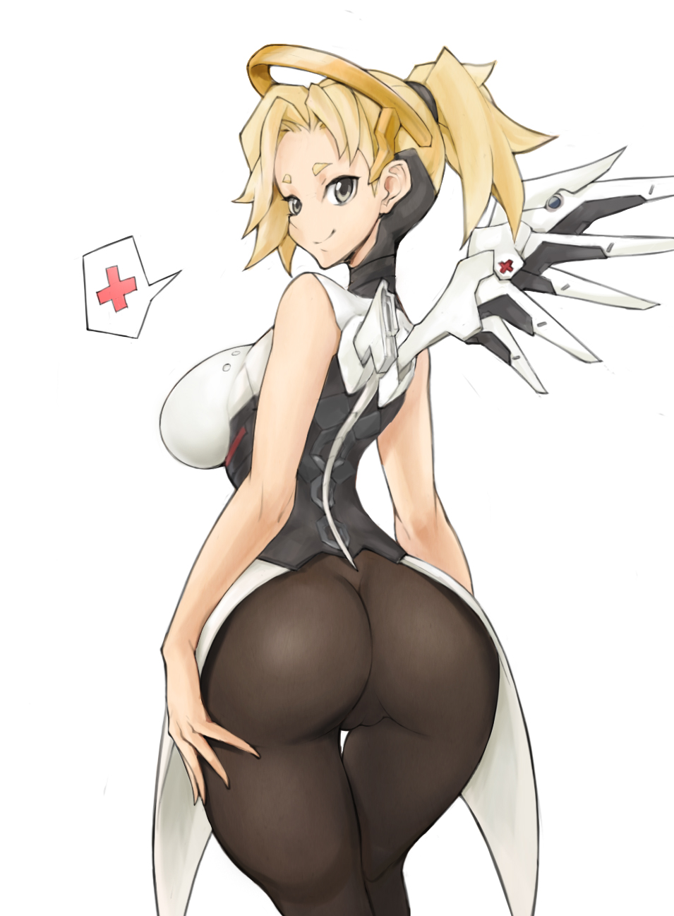 1girl, armor, ass, bare_shoulders, blonde_hair, blue_eyes, bodysuit, breasts, brown_pantyhose, cameltoe, closed_mouth, cowboy_shot, faulds, female_focus, from_behind, grey_eyes, hair_ornament, hair_tie, halo, hand_on_own_ass, headgear, high_collar, highres, large_breasts, looking_at_viewer, looking_back, mechanical_halo, mechanical_wings, mercy_(overwatch), overwatch, overwatch_1, pantyhose, ponytail, ryusho, short_eyebrows, short_hair, short_ponytail, simple_background, skin_tight, sleeveless, smile, solo, speech_bubble, spread_wings, standing, thigh_gap, trefoil, turtleneck, upper_body, white_background, wing_print, wings