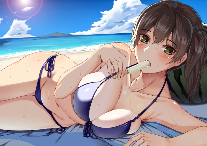 10s, 1girl, beach, bikini, blue_bikini, blush, breasts, brown_hair