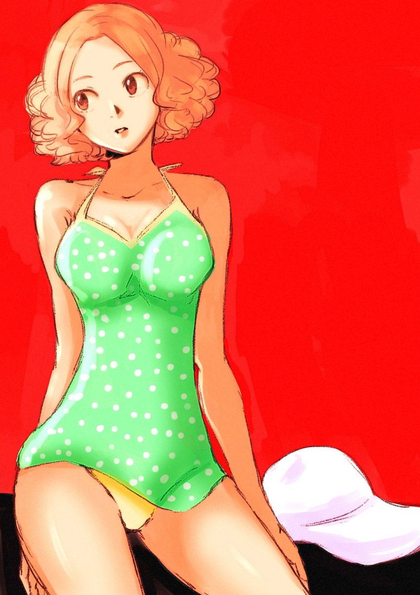 10s, 1girl, breasts, brown_eyes, brown_hair, cleavage, female_focus, highres, kasasagi_(futagodori888), matching_hair/eyes, okumura_haru, persona, persona_5, red_background, short_hair, simple_background, solo, swimsuit