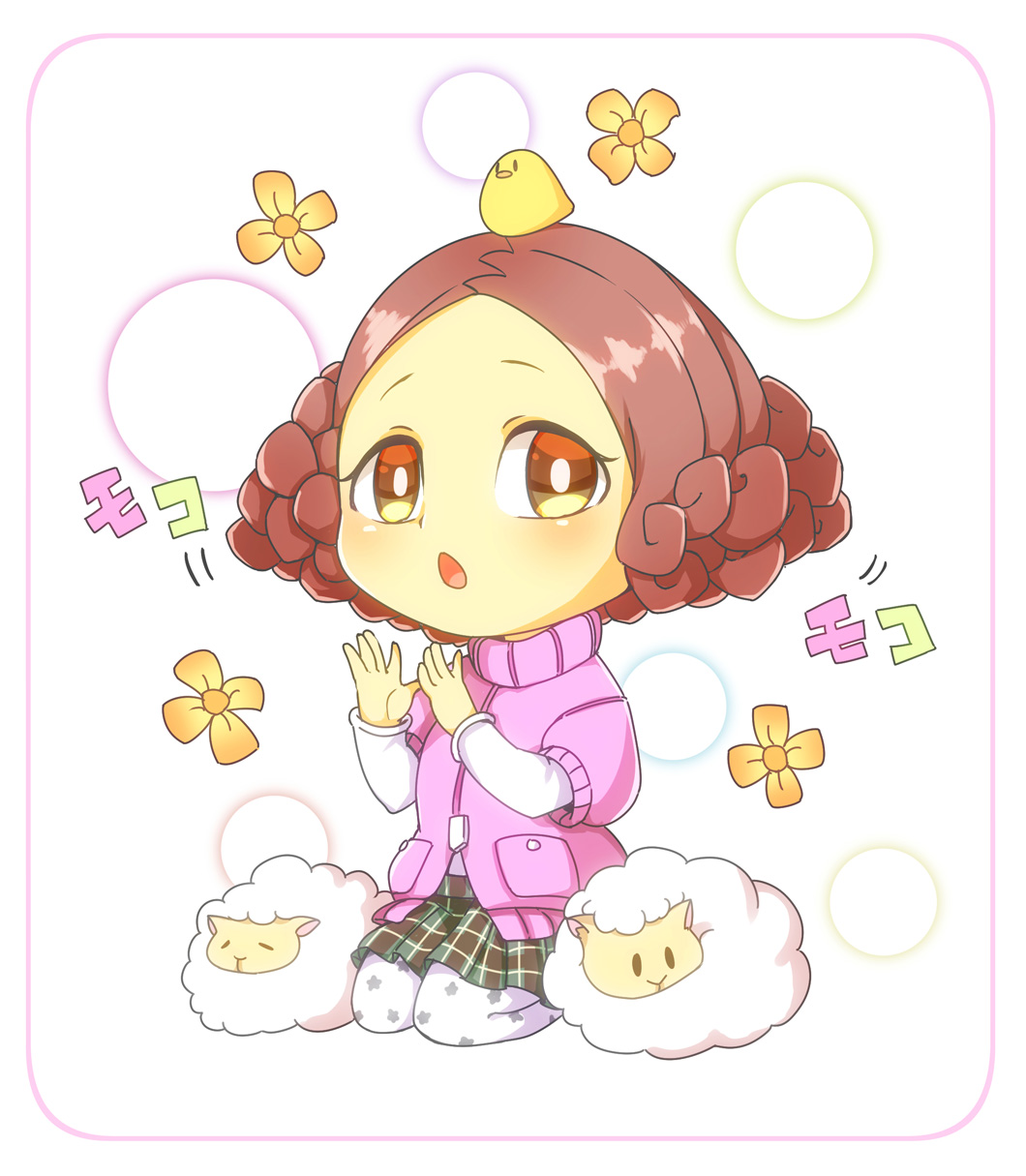 10s, 1girl, bird, brown_eyes, brown_hair, chibi, floral_print, highres