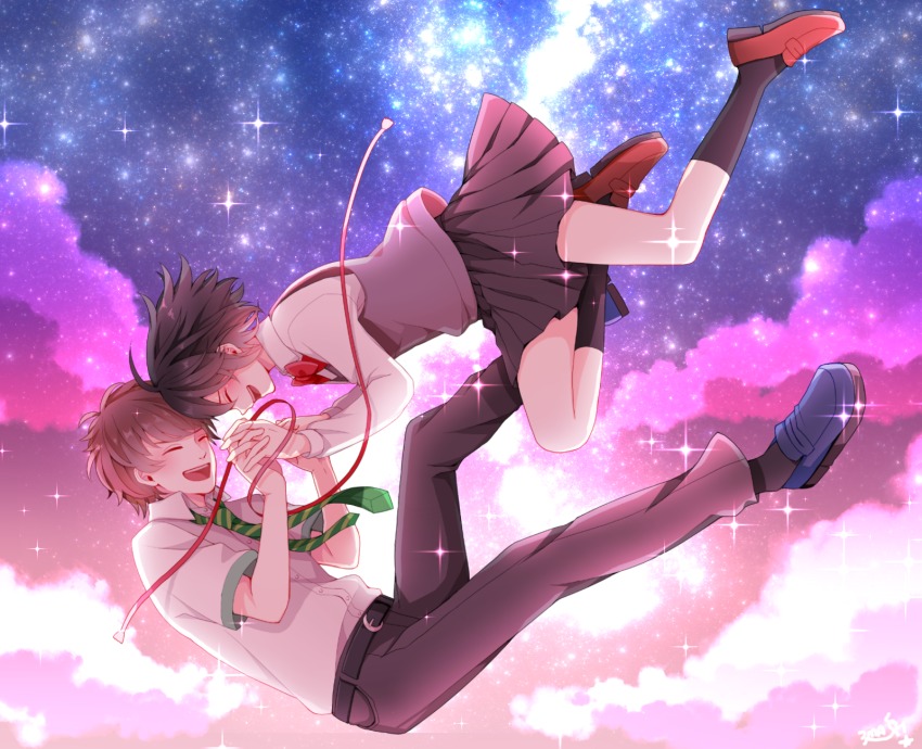 10s, 1boy, 1girl, :d, belt, black_hair, black_legwear, black_skirt, blue_footwear, bow, bowtie, brown_hair, closed_eyes, full_body, green_necktie, hetero, highres, holding_hands, interlocked_fingers, kimi_no_na_wa., loafers, mash112, miyamizu_mitsuha, necktie, open_mouth, pants, pleated_skirt, red_bow, red_bowtie, red_footwear, red_ribbon, ribbon, school_uniform, shirt, shoes, short_hair, skirt, sky, smile, star_(sky), starry_sky, striped_clothes, striped_necktie, striped_neckwear, tachibana_taki, white_shirt
