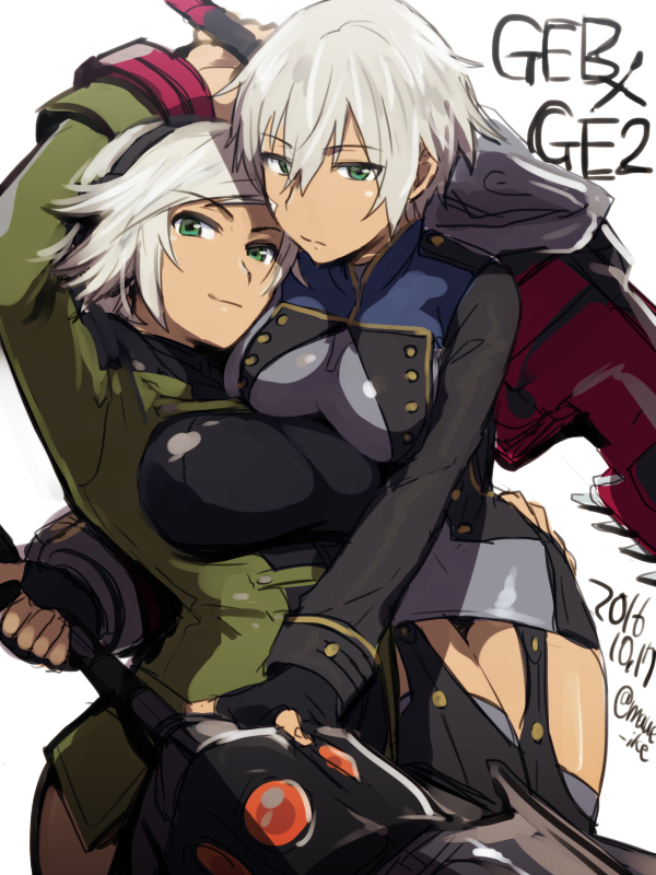 10s, 2016, 2girls, arm_up, arms_around_another's_waist, bad_id, bad_twitter_id, blonde_hair