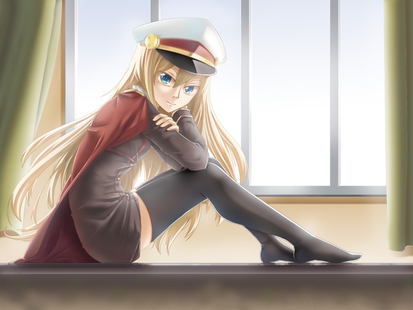 1girl, blonde_hair, blue_eyes, cape, deutschland_(warship_girls_r), female_focus, hat, highres