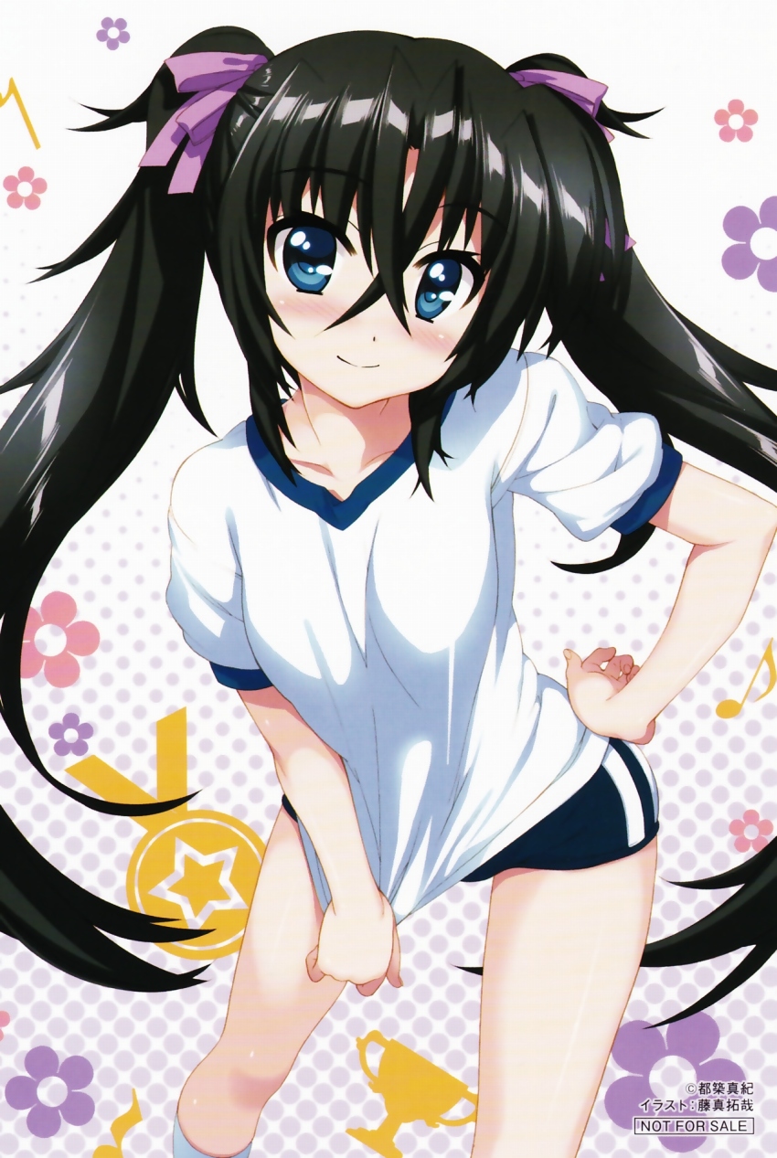 10s, 1girl, black_hair, blue_eyes, blush, breasts, buruma, collarbone