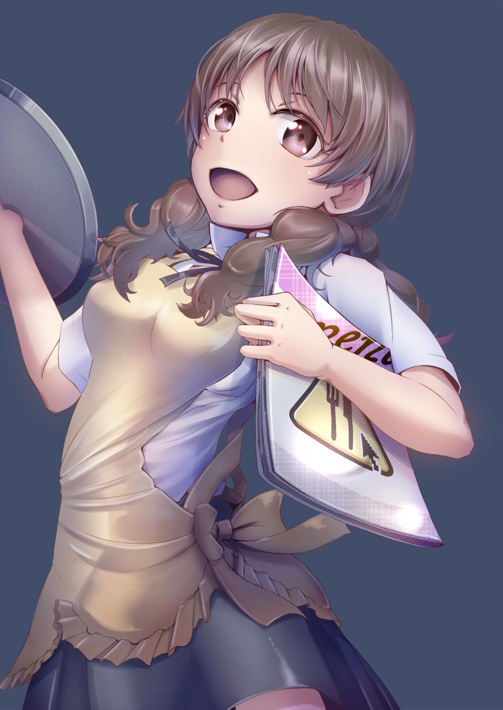 1girl, apron, brown_eyes, brown_hair, female_focus, highres, imo_bouya, kamakura_shiho