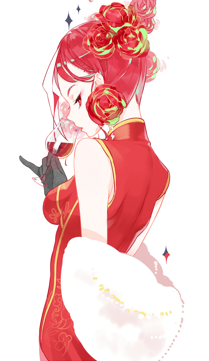 1girl, aikawa_jun, alcohol, aloin.g, bare_shoulders, black_gloves, breasts, china_dress