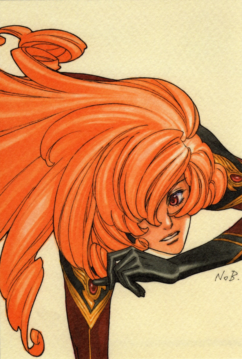 1boy, absurdres, gloves, highres, long_hair, male_focus, orange_hair, red_eyes