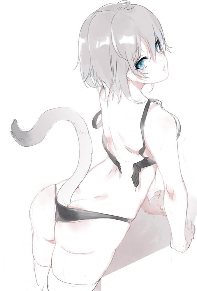 10s, 1girl, aloin.g, anal_tail, anastasia_(idolmaster), aqua_eyes, ass, bad_id, bad_pixiv_id, bikini, bra, bra_strap, butt_crack, butt_plug, dimples_of_venus, fake_tail, female_focus, grey_hair, idolmaster, idolmaster_cinderella_girls, looking_at_viewer, looking_back, sex_toy, short_hair, solo, swimsuit, tail, thighhighs, underwear, white_background