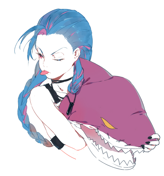 1girl, ahoge, aloin.g, black_nails, blue_hair, braid, female_focus, holding, holding_stuffed_toy, jinx_(league_of_legends), league_of_legends, long_hair, multicolored_hair, nail_polish, one_eye_closed, pink_hair, red_eyes, shark, simple_background, solo, stuffed_animal, stuffed_shark, stuffed_toy, tongue, tongue_out, twintails, upper_body, white_background