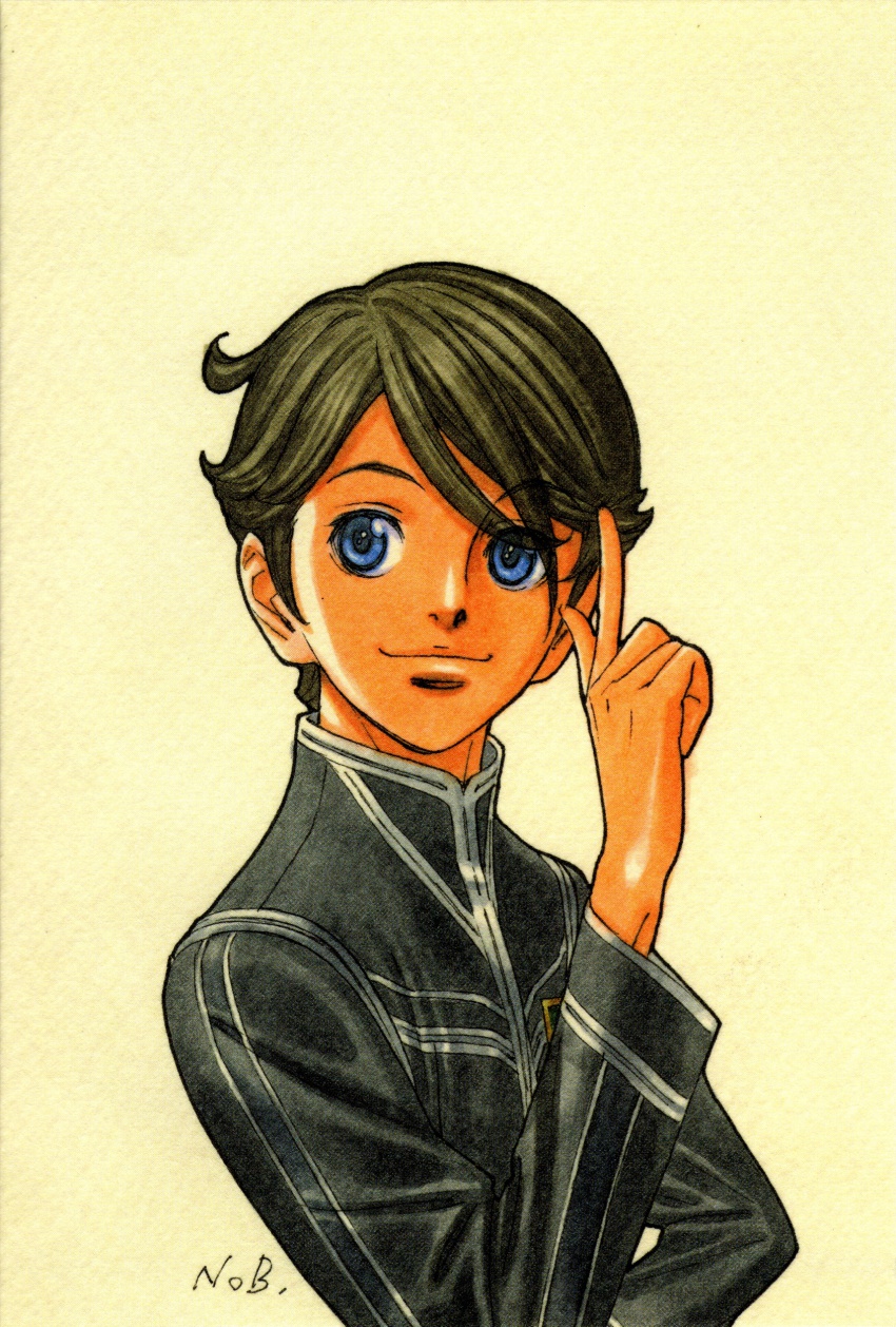 1boy, absurdres, blue_eyes, highres, male_focus, seki_rei_shiroe, smile, solo, toward_the_terra, uniform, yuuki_nobuteru