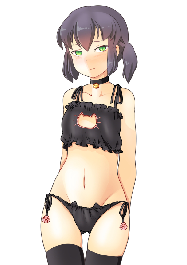 1girl, arms_at_sides, arms_behind_back, bad_id, bad_pixiv_id, bell, black_hair, black_thighhighs, blush, bra, cat_cutout, cat_ear_panties, cat_lingerie, choker, cleavage_cutout, closed_mouth, clothing_cutout, cowboy_shot, female_focus, flat_chest, frilled_bra, frills, gluteal_fold, green_eyes, groin, head_tilt, jingle_bell, kure_(oshidashi-shiki_missile), looking_at_viewer, navel, neck_bell, original, panties, paw_print, short_hair, side-tie_panties, simple_background, solo, thigh_gap, thighhighs, tsurime, twintails, underwear, white_background