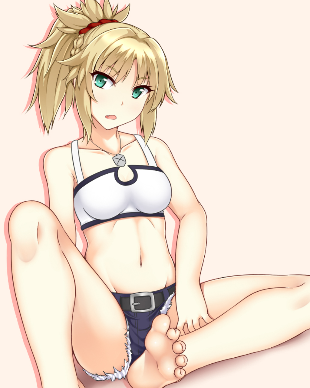 1girl, barefoot, belt, blue_eyes, breasts, cutoffs, fang, fate/apocrypha