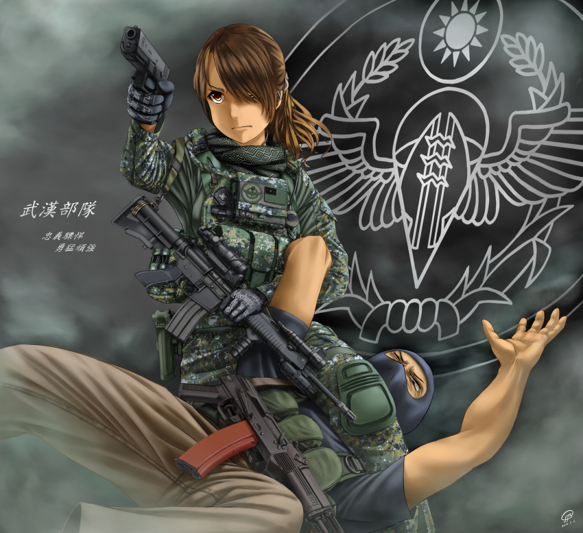 1boy, 1girl, absurdres, ak-74m, ammunition_pouch, assault_rifle, badge, camouflage, digital_camouflage, glock, gloves, gun, handgun, highres, jpc, kalashnikov_rifle, mask, military, original, pistol, ponytail, pouch, republic_of_china_flag, rifle, scarf, scope, t91_assault_rifle, taiwan, weapon, weapon_request