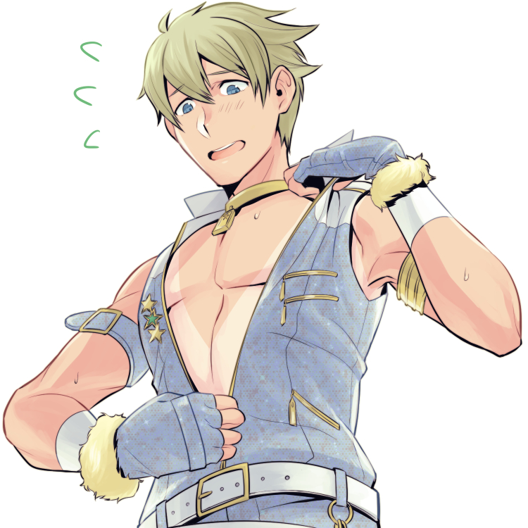 10s, 1boy, ^^^, armlet, belt, blue_eyes, collar, cowlick