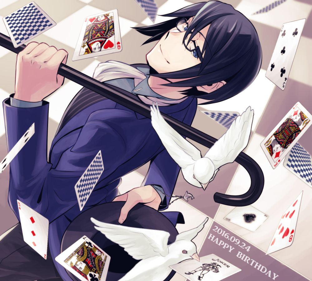 10s, 1boy, 2016, ace_(playing_card), animal, arm_behind_back, ascot, bird