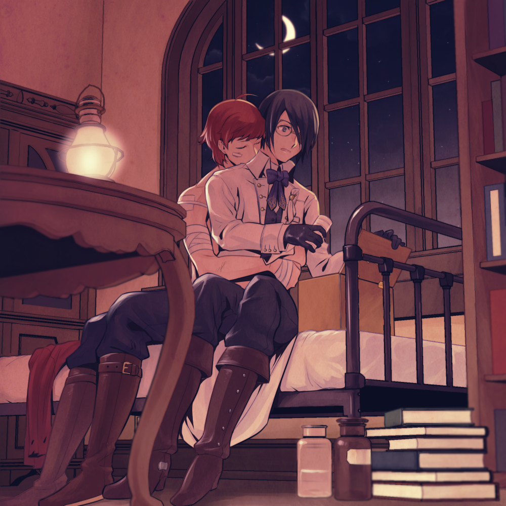 10s, 2boys, alternate_costume, arms_around_another's_waist, bandages, bandaid, bandaid_on_face, black_gloves