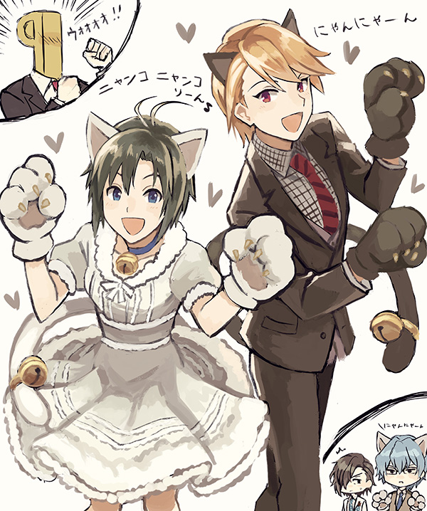 10s, 1girl, 3boys, akimachi, animal_ears, animal_hands, bell, blue_eyes