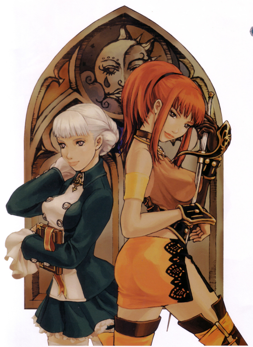 2girls, absurdres, alice_elliot, armlet, ass, back-to-back, bare_shoulders, between_breasts