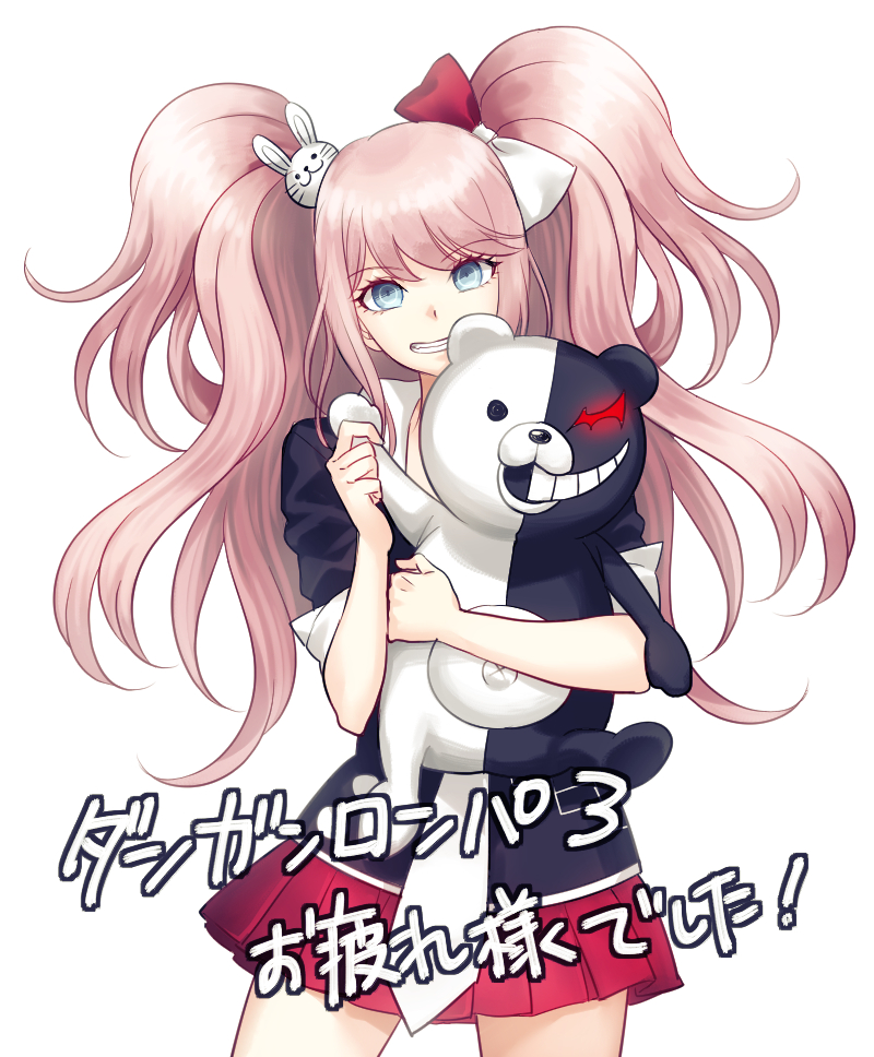 10s, blue_eyes, bow, danganronpa_(series), danganronpa_3_(anime), enoshima_junko, hair_bow, hair_ornament, long_hair, looking_at_viewer, minamibe, monokuma, necktie, parted_lips, rabbit_hair_ornament, red_skirt, skirt, spoilers, standing, text_focus, translation_request, twintails, white_background, white_necktie