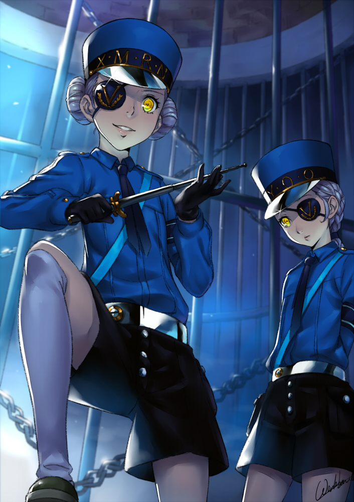 10s, 2girls, blonde_hair, braid, caroline_(persona_5), chain, double_bun, eyepatch, from_below, grin, hat, justine, justine_(persona_5), leg_up, looking_at_viewer, multiple_girls, persona, persona_5, short_hair, shorts, siblings, signature, single_braid, sisters, smile, twins, velvet_room, weapon, werkbau, yellow_eyes
