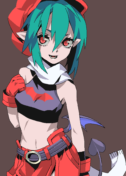 fang, gloves, green_hair, hat, pointy_ears, red_eyes, rukia_moon, scarf