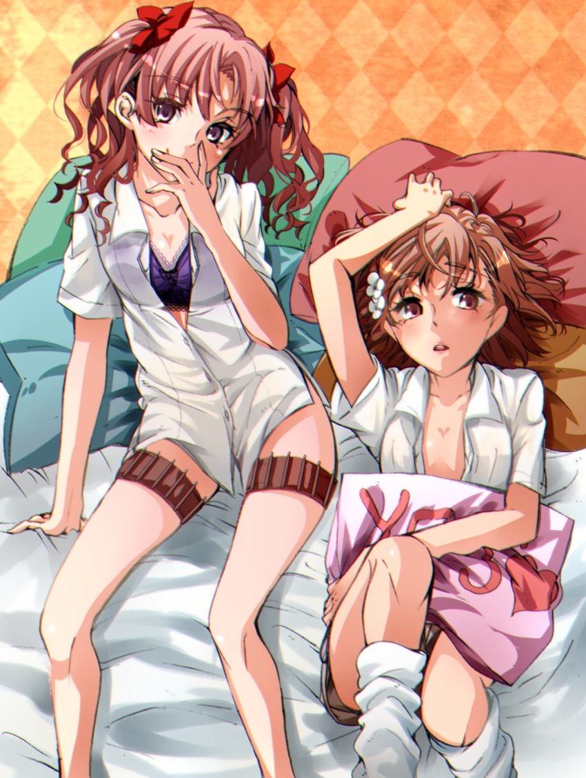 2girls, bra, brown_eyes, brown_hair, checkered_background, covering_own_mouth, dress_shirt, flower, hair_flower, hair_ornament, hair_ribbon, hairclip, higashizukihi_sei, highres, long_hair, loose_socks, lying, misaka_mikoto, multiple_girls, no_bra, no_pants, open_clothes, open_shirt, pillow, purple_bra, ribbon, school_uniform, shirai_kuroko, shirt, short_hair, shorts, sitting, socks, thigh_strap, toaru_kagaku_no_railgun, toaru_majutsu_no_index, twintails, underwear, yes, yes-no_pillow, yuri