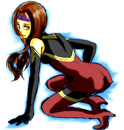 1girl, artella, boots, brown_hair, dress, elbow_gloves, female_focus, full_body, gloves, gradient_background, headband, high_heel_boots, high_heels, lowres, shoes, solo, thigh_boots, thighhighs, toward_the_terra