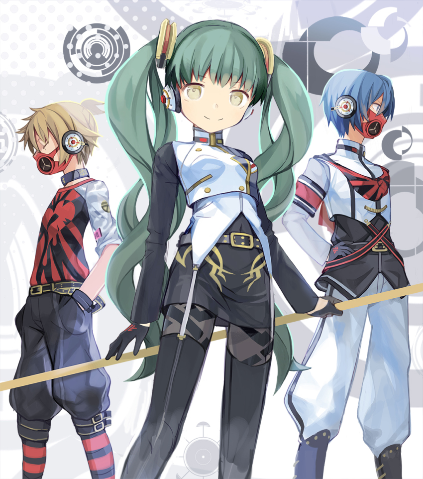 1girl, 2boys, baggy_pants, belt, blonde_hair, blue_eyes, blue_hair, boots