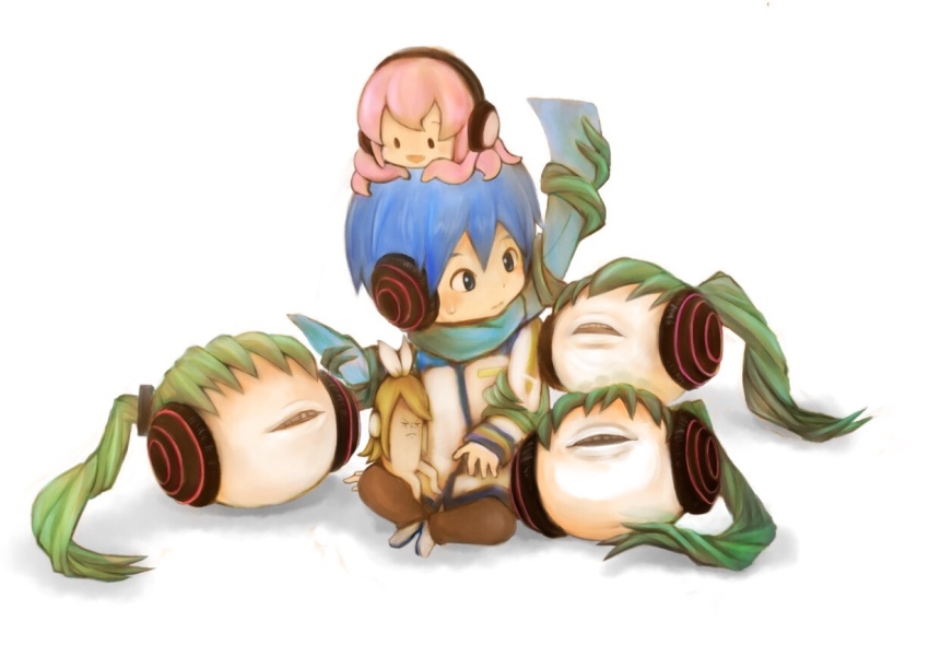 1boy, blonde_hair, blue_eyes, blue_hair, blush, bow, brown_pants, creature_on_head