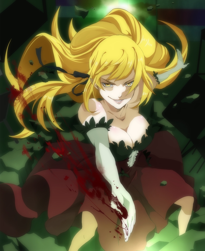 1girl, bakemonogatari, bare_shoulders, blonde_hair, blood, breasts, cleavage, dress, elbow_gloves, female_focus, gloves, hanako-0001, kiss-shot_acerola-orion_heart-under-blade, large_breasts, long_hair, monogatari_(series), oshino_shinobu, pointy_ears, solo, strapless, strapless_dress, very_long_hair, yellow_eyes