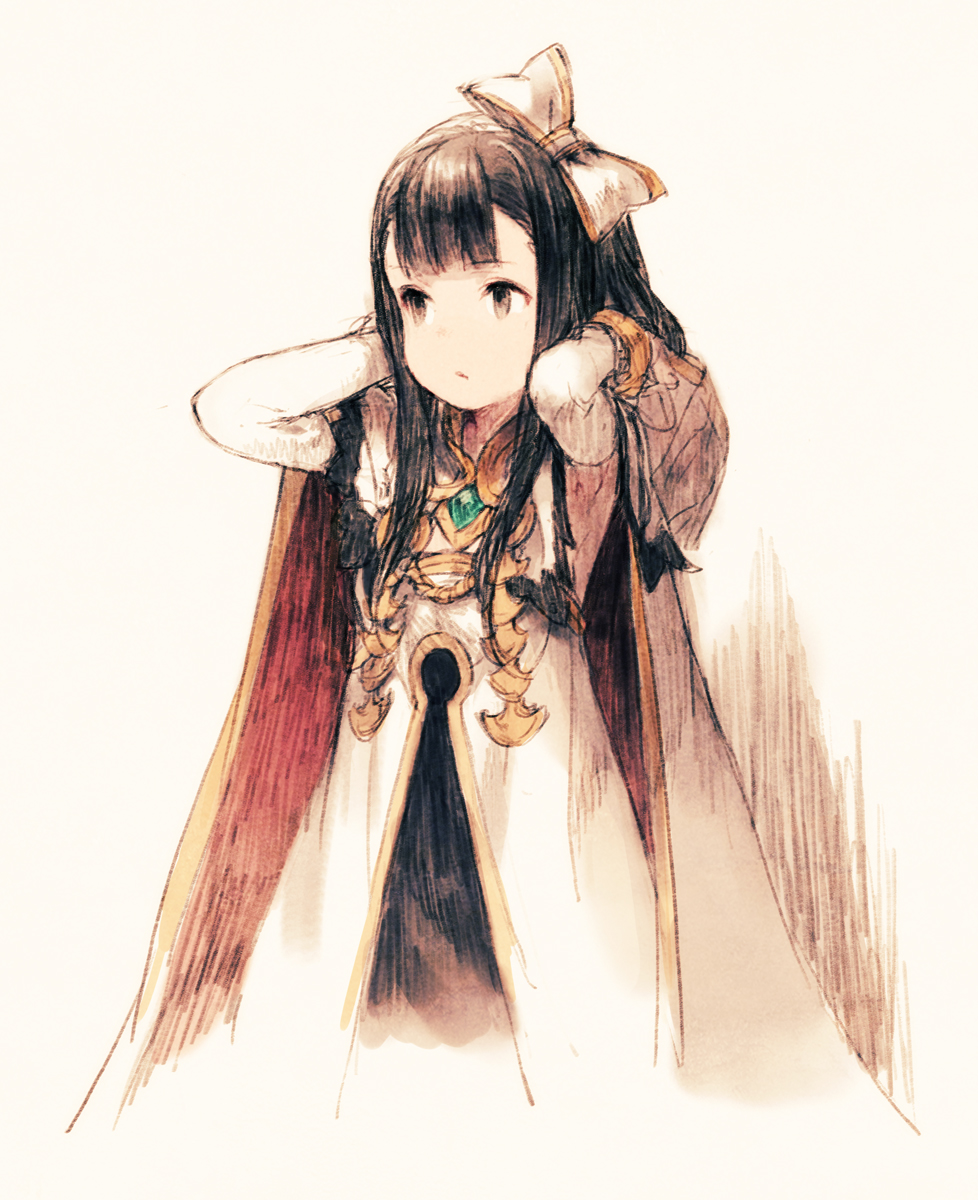 1girl, :/, armpits, black_hair, bow, character_request, cloak, closed_mouth