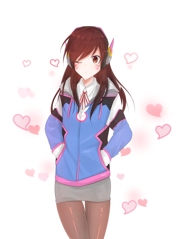 1girl, ;o, adapted_costume, animal_print, brown_eyes, brown_hair, brown_pantyhose, collared_shirt, d.va_(overwatch), dress_shirt, eyebrows, facepaint, facial_mark, female_focus, grey_skirt, hands_in_pockets, headphones, heart, jacket, long_hair, matching_hair/eyes, miniskirt, myagarin, neck_ribbon, one_eye_closed, overwatch, overwatch_1, pantyhose, rabbit_print, red_ribbon, ribbon, school_uniform, shirt, simple_background, skirt, solo, spoken_heart, swept_bangs, thigh_gap, whisker_markings, white_background, white_shirt