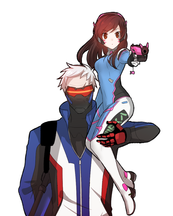 1boy, 1girl, :o, acronym, animal_print, armor, bodysuit, boots, brown_eyes, brown_hair, carrying, charm_(object), covered_mouth, d.va_(overwatch), eyebrows, facepaint, facial_mark, gloves, gun, handgun, headphones, holding, holding_gun, holding_weapon, jacket, long_hair, long_sleeves, looking_at_viewer, mask, mecha_pilot_suit, mouth_mask, myagarin, open_mouth, overwatch, overwatch_1, pauldrons, rabbit_print, red_gloves, ribbed_bodysuit, scar, short_hair, shoulder_armor, shoulder_carry, shoulder_pads, simple_background, sitting, sitting_on_person, sitting_on_shoulder, soldier:_76_(overwatch), thigh_boots, thigh_strap, thighhighs, turtleneck, visor, weapon, whisker_markings, white_background, white_gloves, white_hair