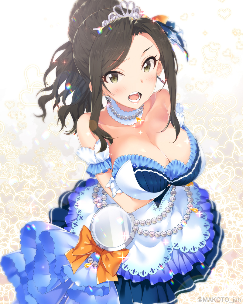 10s, 1girl, black_hair, blush, breasts, brown_eyes, clock, crossed_arms