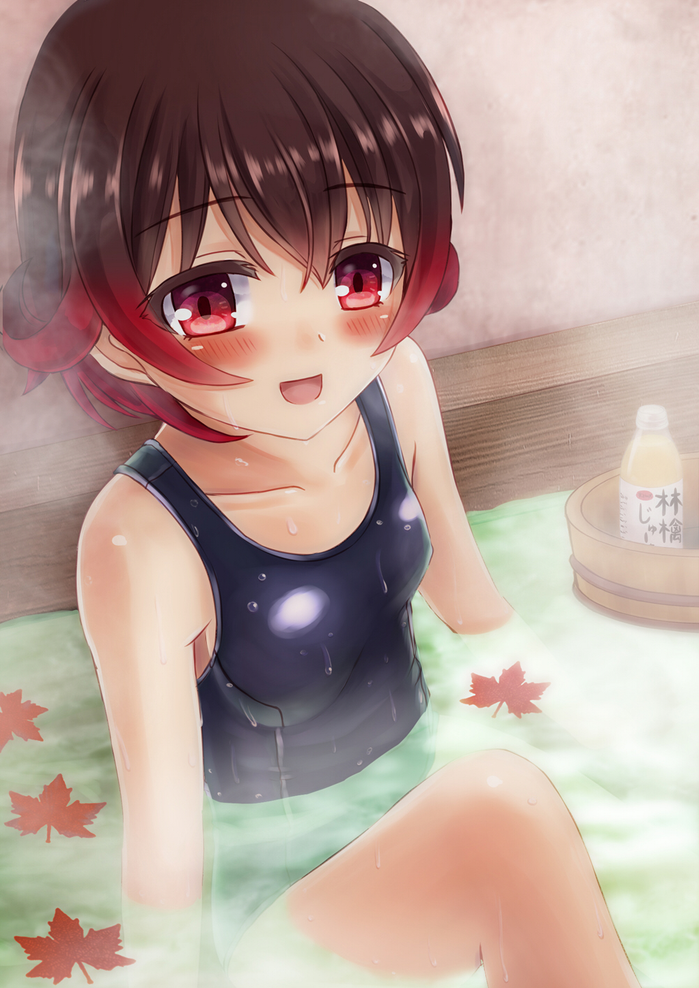 10s, 1girl, autumn_leaves, blush, bottle, breasts, brown_hair, bucket