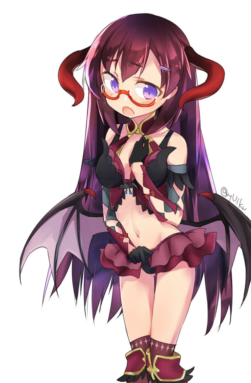 1girl, blush, demon_horns, demon_wings, embarrassed, fake_horns, fake_wings, female_focus