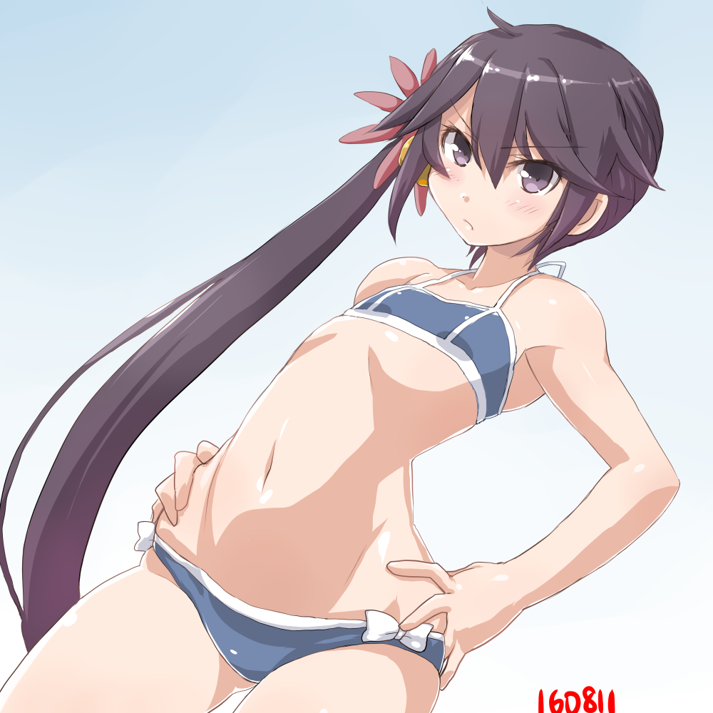 10s, 1girl, akebono_(kancolle), akebono_(pm_swimsuit)_(kancolle), bell, bikini, blue_bikini, blush, bow, cowboy_shot, dd_(ijigendd), dutch_angle, female_focus, flat_chest, flower, frown, gradient_background, hair_bell, hair_flower, hair_ornament, halterneck, hands_on_own_hips, jingle_bell, kantai_collection, long_hair, looking_at_viewer, navel, purple_eyes, purple_hair, side_ponytail, solo, swimsuit, white_bow, wide_hips
