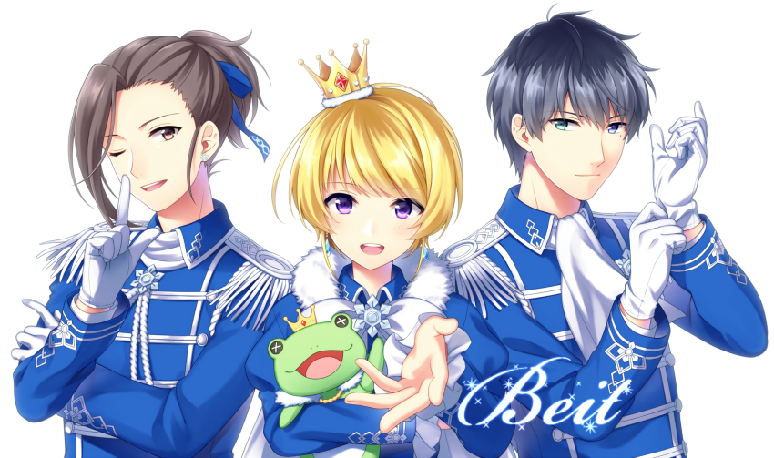 10s, 3boys, ;), adjusting_clothes, adjusting_gloves, beit, beit_(idolmaster), blonde_hair, blue_eyes, ascot, crown, earrings, epaulettes, gloves, group_name, heterochromia, highres, idolmaster, idolmaster_side-m, index_finger_raised, jewelry, looking_at_viewer, male_focus, mini_crown, multiple_boys, nanamiya, one_eye_closed, pierre_(idolmaster), ponytail, purple_eyes, simple_background, smile, stuffed_animal, stuffed_frog, stuffed_toy, takajo_kyoji, upper_body, watanabe_minori, white_background, white_gloves