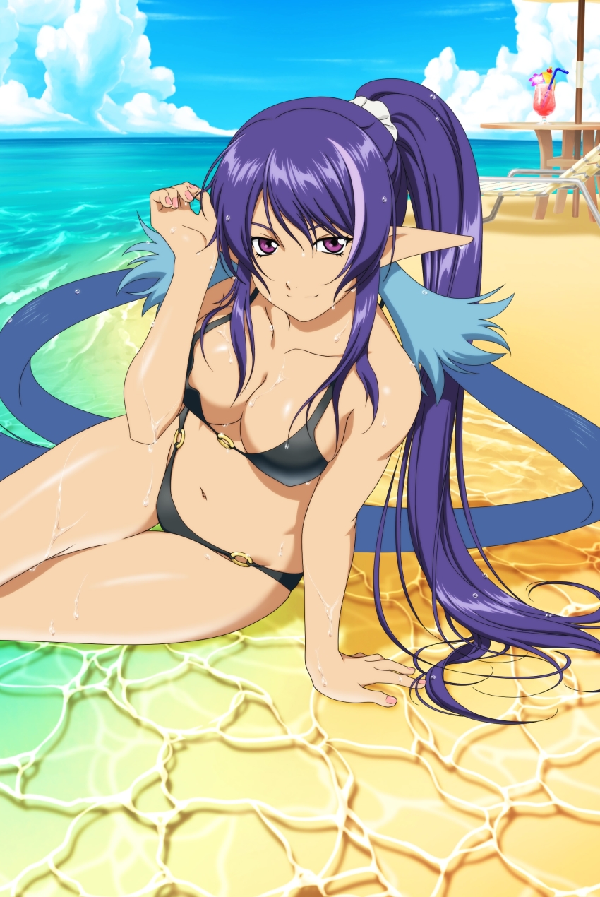 00s, 1girl, absurdres, arm_support, beach, beach_chair, bikini, black_bra, bra, breasts, cleavage, cloud, day, drink, elf, female_focus, high_ponytail, highres, judith_(barely-there_black_bikini)_(tales), judith_(tales), long_hair, looking_at_viewer, medium_breasts, nail_polish, navel, o-ring, o-ring_bottom, o-ring_top, official_alternate_costume, official_art, on_ground, outdoors, pointy_ears, ponytail, purple_eyes, purple_hair, sky, smile, solo, swimsuit, tales_of_(series), tales_of_link, tales_of_vesperia, underwear, water, wet, wet_clothes