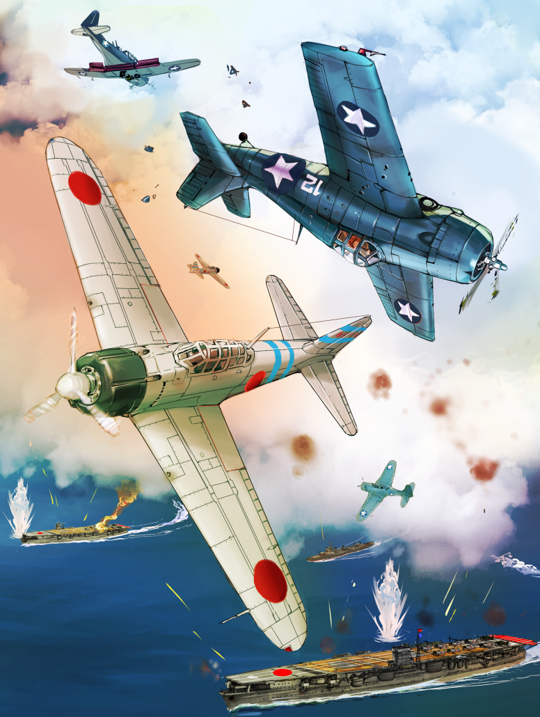 a6m_zero, aerial_battle, aircraft, aircraft_carrier, airplane, battle, dogfight, f4f_wildcat
