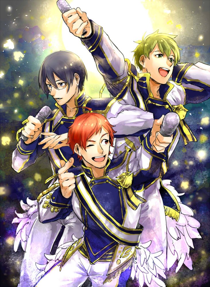 10s, 3boys, ;), ahoge, alternate_costume, arm_up, bad_id, bad_twitter_id