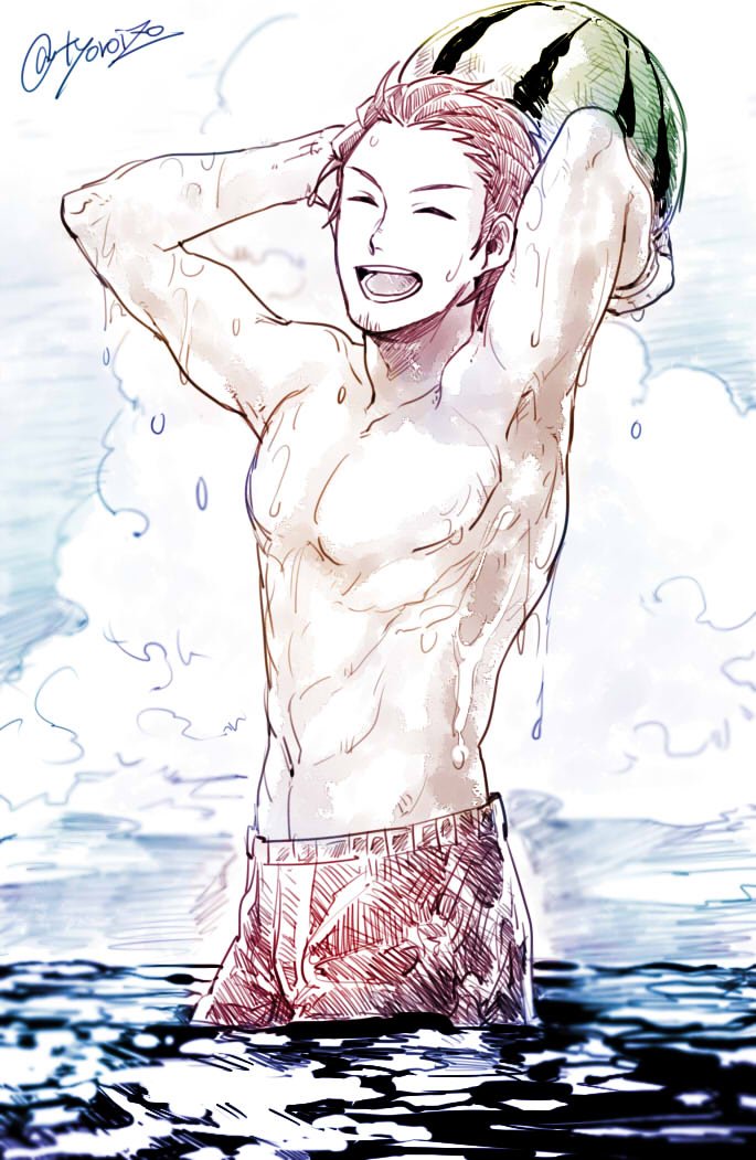 10s, 1boy, :d, arms_up, bad_id, bad_twitter_id, chorota, closed_eyes, cloud, facial_hair, food, fruit, goatee, hair_slicked_back, idolmaster, idolmaster_side-m, limited_palette, male_focus, male_swimwear, monochrome, ocean, open_mouth, smile, solo, swim_trunks, tendo_teru, topless_male, watermelon, wet, wet_hair