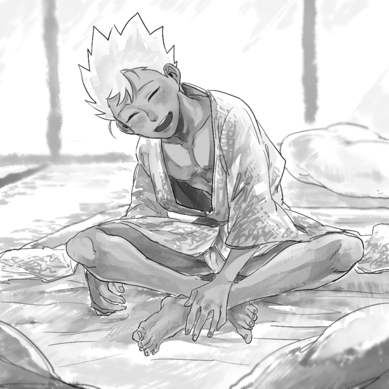 1boy, chorota, closed_eyes, dark-skinned_male, dark_skin, greyscale, indian_style, japanese_clothes