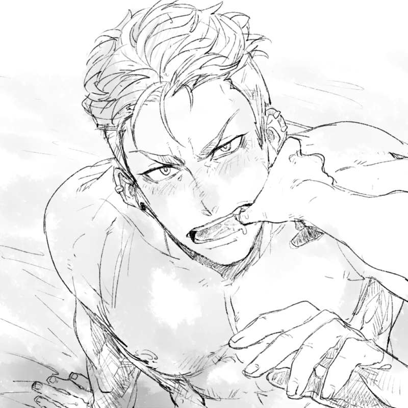 1boy, arm_support, bed_sheet, chorota, earrings, finger_in_another's_mouth, from_above, from_side, greyscale, hair_slicked_back, jewelry, king_of_prism, king_of_prism_by_prettyrhythm, male_focus, monochrome, mouth_pull, nipples, pov, pretty_rhythm, pretty_series, saliva, solo_focus, yamato_alexander