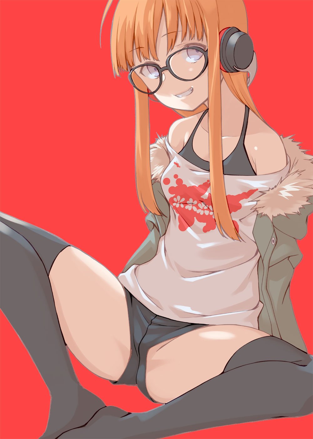 10s, 1girl, black_thighhighs, blue_eyes, female_focus, fur_trim, glasses, grin, headphones, highres, jacket, long_hair, looking_at_viewer, off-shoulder_shirt, off_shoulder, orange_hair, persona, persona_5, red_background, sakura_futaba, shirt, sidelocks, simple_background, sitting, smile, solo, spread_legs, teeth, thighhighs, tsukasa_takashi, white_shirt