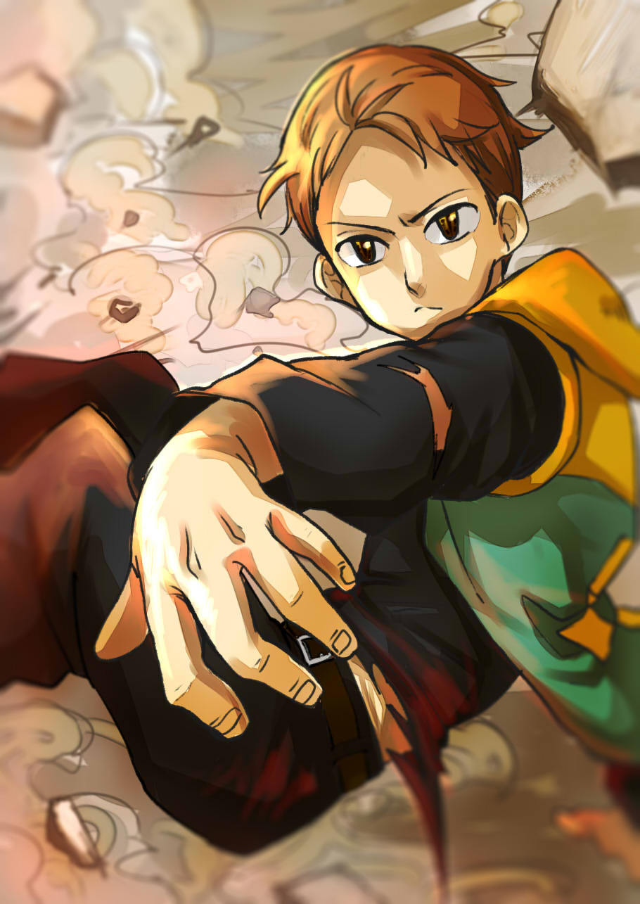 10s, 1boy, bad_id, bad_pixiv_id, belt, brown_eyes, brown_hair, chorota